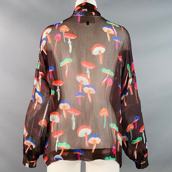 LE SUPERBE S Field Trip Brown Multi Color Chiffon Sheer Mushroom V-Neck Blouse - Picture 5 of 7